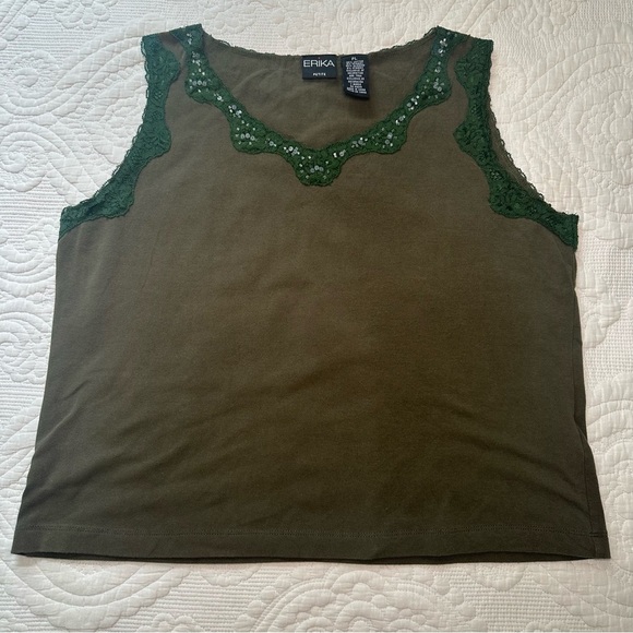 Erika Tops - Erika Petite Y2K Boxy Lace Tank Top. Hunter Green. Size: PL.